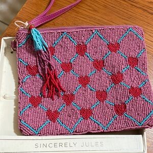 Sincerly Jules Pink Beaded Heart Wristlet with Turquoise Trim